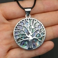 Silver Tree of Life pendant with colorful abalone shell inlay on a black cord - Style 4 (Necklace Set)