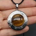Vintage silver round locket necklace with tiger eye stone and floral carving - Tiger Eye Necklace