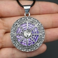 Vintage silver Tai Chi Bagua round pendant with purple shell inlay on black cord necklace - 29x39mm / Necklace No. 3