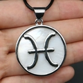 Pisces zodiac pendant with white shell inlay and silver metal finish on a black cord - Pisces (With Necklace Cord)