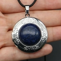 Round vintage pendant necklace with blue gemstone and floral silver engravings - Lapis Lazuli Necklace