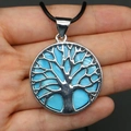 Blue shell Tree of Life circular pendant with silver frame and black cord necklace - Style 6 (Necklace Set)
