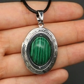 Oval silver locket pendant featuring natural green malachite stone inlay and hinge - With Black Woven Cord / Malachite Necklace