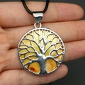Natural yellow sea shell Tree of Life pendant with silver-plated round metal frame - Style 7 (Necklace Set)