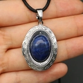 Oval silver locket pendant with blue stone and vintage engraving on black cord - With Black Woven Cord / Lapis Lazuli Necklace