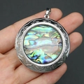 Vintage round locket pendant with iridescent abalone shell and silver floral engraving - Round Pendant / 44x48mm