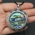 Silver round locket pendant with rainbow abalone shell and vintage floral patterns - Round Pendant / 44x48mm