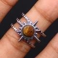 Silver stainless steel triple-band ring with tiger eye stone in sunburst setting - Tiger's Eye