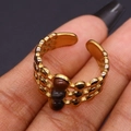 Vintage gold triple-layer open ring featuring polished dark tiger eye stone beads - Adjustable / Tiger's Eye