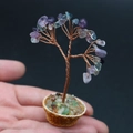 Handmade mini gemstone tree with purple amethyst crystals in a woven flower basket - Purple Fluorite