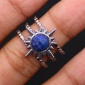 Silver stainless steel ring featuring a sunburst motif and blue lapis lazuli stone inlay - Lapis Lazuli