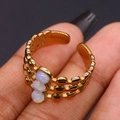 Three-layer golden open ring featuring three light blue opal stones in retro style - Adjustable / Opal