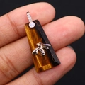 Tiger eye stone pendant with metallic bee charm and sparkling zircon-studded bail detail - 13x30mm, 4g / Tiger's Eye
