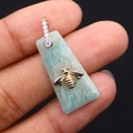 Green natural stone pendant with gold bee patch and diamond-set trapezoid bail - 13x30mm, 4g / Amazonite