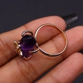 Adjustable golden bee ring featuring a natural raw amethyst stone in a vintage setting - Purple Crystal