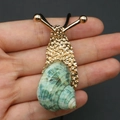 Green natural shell snail pendant with hammered gold metal texture on a black cord - Green Snail Necklace / 20-60mm, 11-17g / Gold