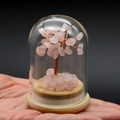 Pink quartz crystal money tree in glass dome on wood base for healing energy - Rose Quartz
