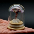 Mini amethyst crystal tree in a glass dome with a solid wood base on a palm - Amethyst And Clear Quartz