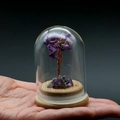 Handcrafted purple amethyst money tree with wooden base in a clear glass dome display - Purple Crystal