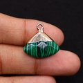 Green malachite fan shaped pendant with gold clasp held by fingers for size scale - 18x19mm 3g/pc / Malachite