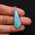 Teardrop turquoise pendant with black spiderweb patterns and silver metal frame - 12x38mm 4g/pc / Blue Turquoise