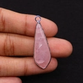 Hand holding a teardrop pink quartz pendant with silver metal edge and ice texture - 12x38mm 4g/pc / Rose Quartz