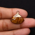 Waaier-vormige hanger van tijgeroogsteen met gouden sluiting getoond op de hand - 18x19mm 3g/st / Tijgeroog