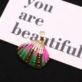 Pink and green enamel shell pendant with gold plated edges and bail for DIY jewelry - Pink Green Gradient