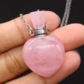 Natural heart-shaped rose quartz perfume bottle pendant necklace with silver metal cap - 23x36mm, 15g / Rose Quartz