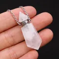 Parfümflaschen-Anhänger aus rosa Rosenquarz in Sechseckform mit Silberkette - 13x41mm,11g / Weiß Kristall
