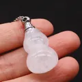 Polished rose quartz perfume bottle pendant in gourd shape with stainless steel chain - 18x35mm / White Crystal