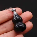 Gourd-shaped black obsidian essential oil diffuser pendant with silver chain link - 18x35mm / Black Agate