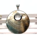 Natural black shell round hollow pendant with silver metal rim and iridescent luster - Style 1 Round Mother of Pearl Pendant / 45mm