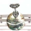 Natural round iridescent sea shell pendant with silver hollowed-out metal filigree hook - Style 2 Iridescent Abalone Shell / 60mm