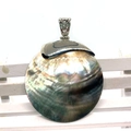 Natural black shell pendant with hollow silver filigree setting and iridescent luster - Style 3 Geometric Edging Design / 45mm