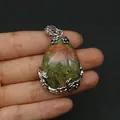Tropfenförmiger Unakite-Anhänger mit silberner Blatt-Design Metallklammer Zubehör - Unakit (Anhängerkette nicht enthalten) / 28x41mm