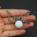 Silver spider pendant featuring a white round marble stone inlay for jewelry DIY projects - 34x47mm, 14g / Opal