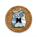 Handcrafted owl-shaped pendant made of abalone shell and white mop on a rattan coaster - Owl Style 3 (1014-B210215004)