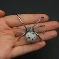 Spider shaped pendant with natural black and white spotted stone on silver metal base - 34x47mm, 14g / Azurite