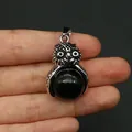 Ciondolo a forma di gufo vintage in argento con perla in pietra nera per collane fai-da-te - Agata nera