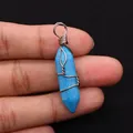 Handmade wire-wrapped blue turquoise hexagonal prism pendant with intricate metal coil - 10x40mm / Blue (No. 1)