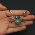 Unique spider-shaped pendant featuring a polished round green natural stone in silver frame - 34x47mm, 14g / Green Aventurine