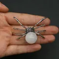 Silver spider pendant with white round stone inlay in vintage gothic style accessory - 34x47mm, 14g / White Jade