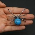 Silver spider pendant featuring a blue spotted stone bead with antique metal textures - 34x47mm, 14g / Dark Blue Turquoise