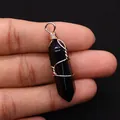 Handmade black hexagonal crystal pendant with elegant gold wire wrapping detail - 10x40mm / Black Agate
