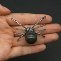 Handheld spider pendant made of silver-tone metal and black agate stone bead - 34x47mm, 14g / India Agate