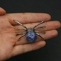 Spider shaped pendant with blue spotted stone inlay on a vintage silver metal frame - 34x47mm, 14g / Blue Spot Stone