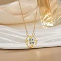 Golden clover heart necklace with blue enamel on a ceramic stand with silk background - Geometric Hollow Blue Gold (XL0556)