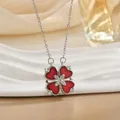 Silver four-leaf clover necklace with red heart-shaped petals and zircon accents - Red Enamel Silver (XL0562G)