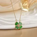 Foldable four-leaf clover necklace with green heart-shaped enamel and gold chain - Green Heart Gold (XL0543)